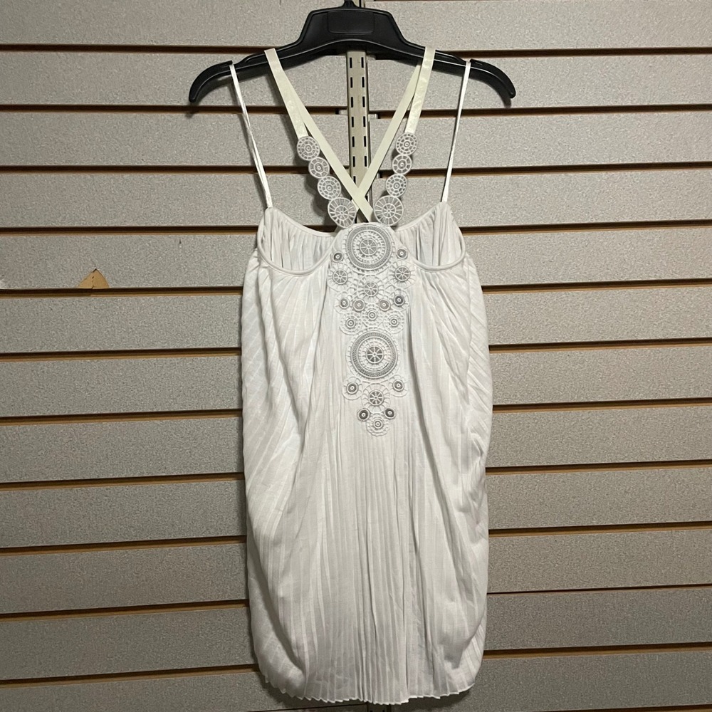 MODA‎ INTERNATIONAL White Pleated Embellished Halter Tank Top Women's Size L VS